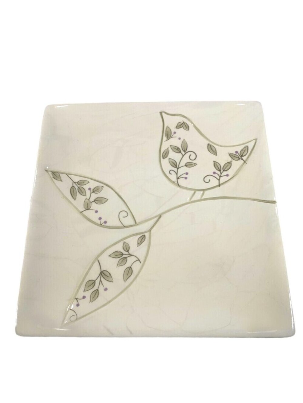Clay Art Woodland Square Plates Set of 2 Bird Leaf Handpainted Canape Appetizer